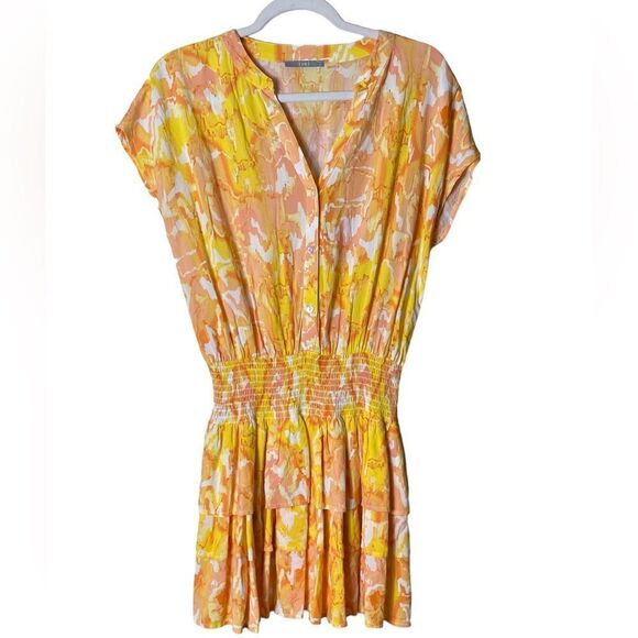 Tart Collections Wm’s Sz Sm Orange Yellow Sunset Cloud Kalli Ruffle Mini Dress - Picture 1 of 6